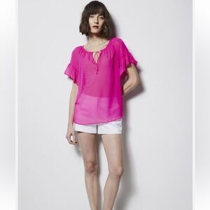 MILLY for DESIGN NATION Neon Pink sheer flutter ruffle sleeve top size L